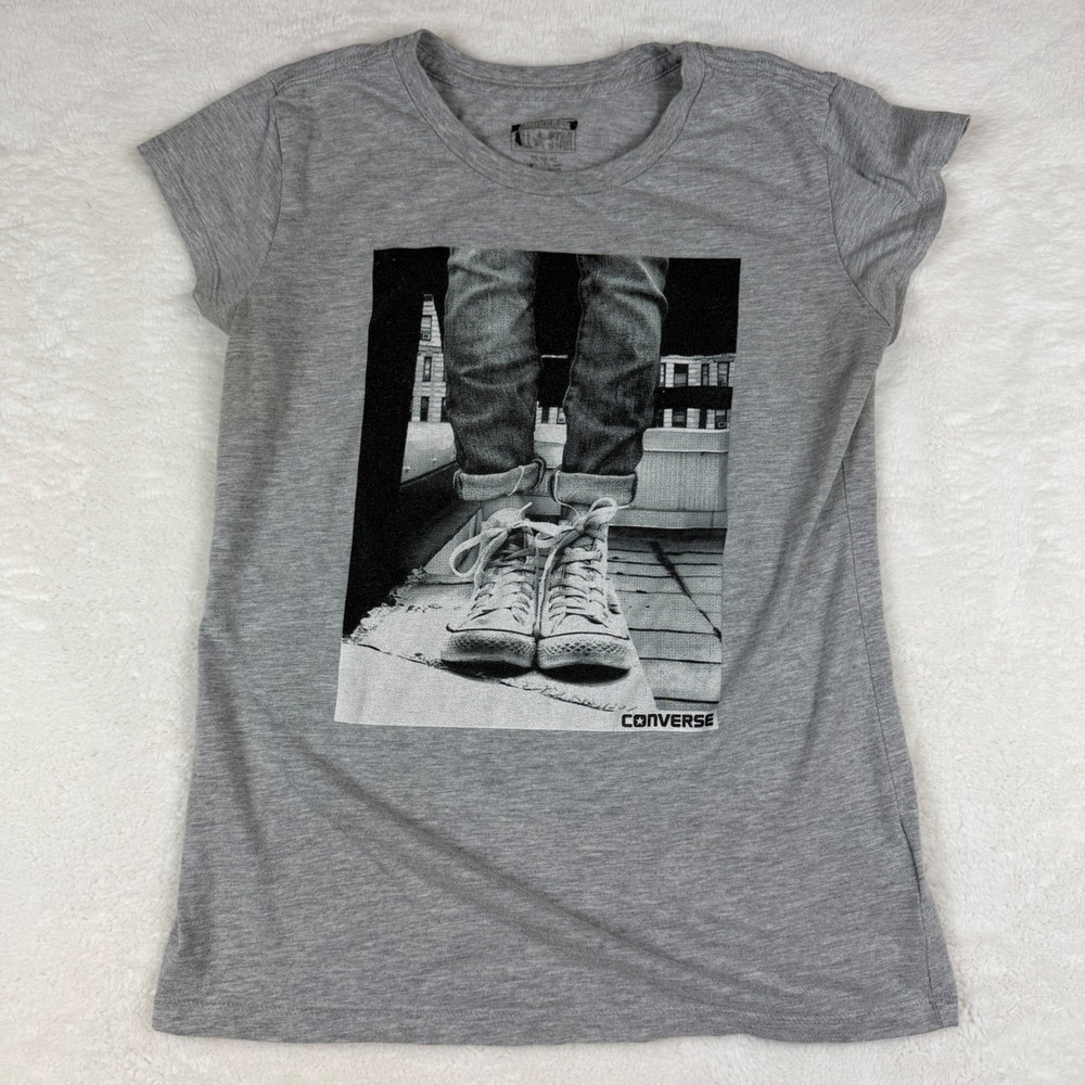 Converse All Star Womens Gray Graphic T-Shirt Photo Print Crewneck Tee XS